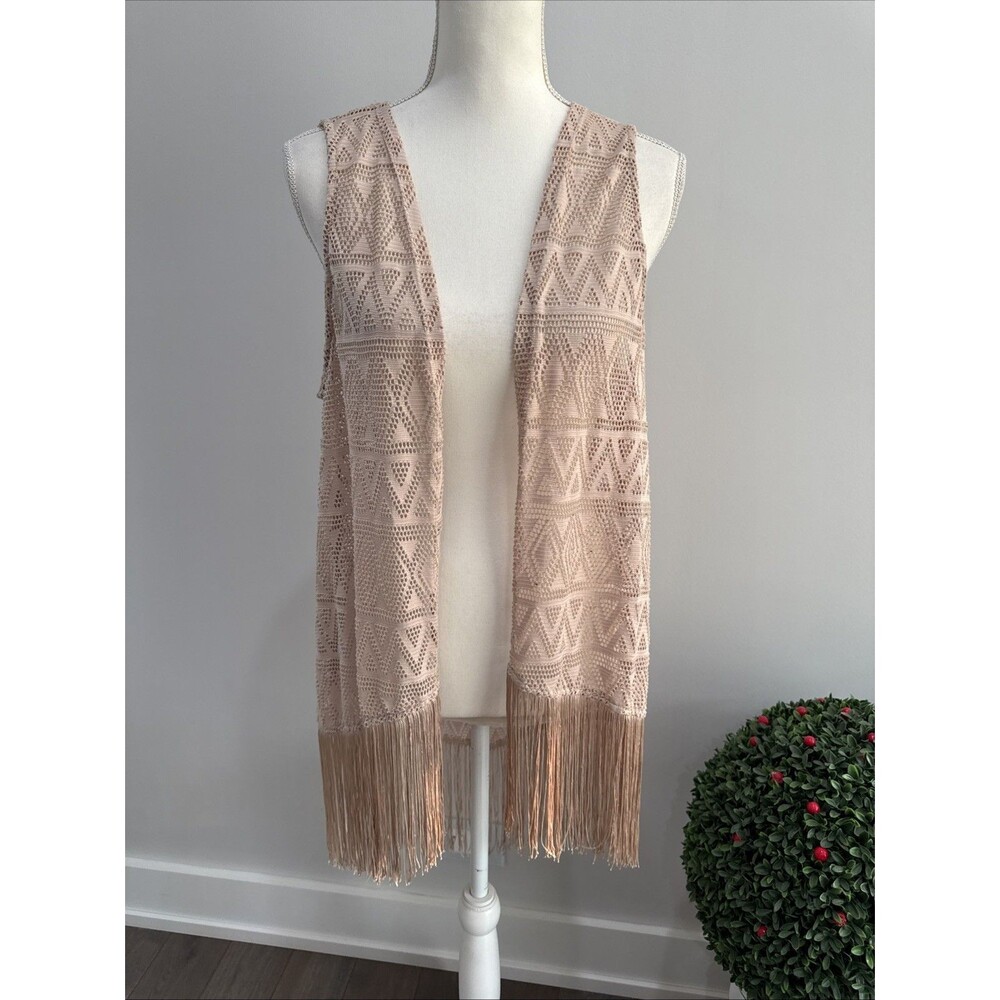 Eyeshadow Beige Pointelle Knit Vest Fringe Open Front Boho Festival Western Sz L